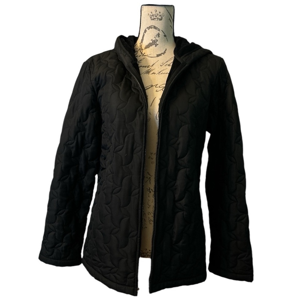 ESPRIT puffer hoodie, vintage, black quilted, full zipper, soft, Size M